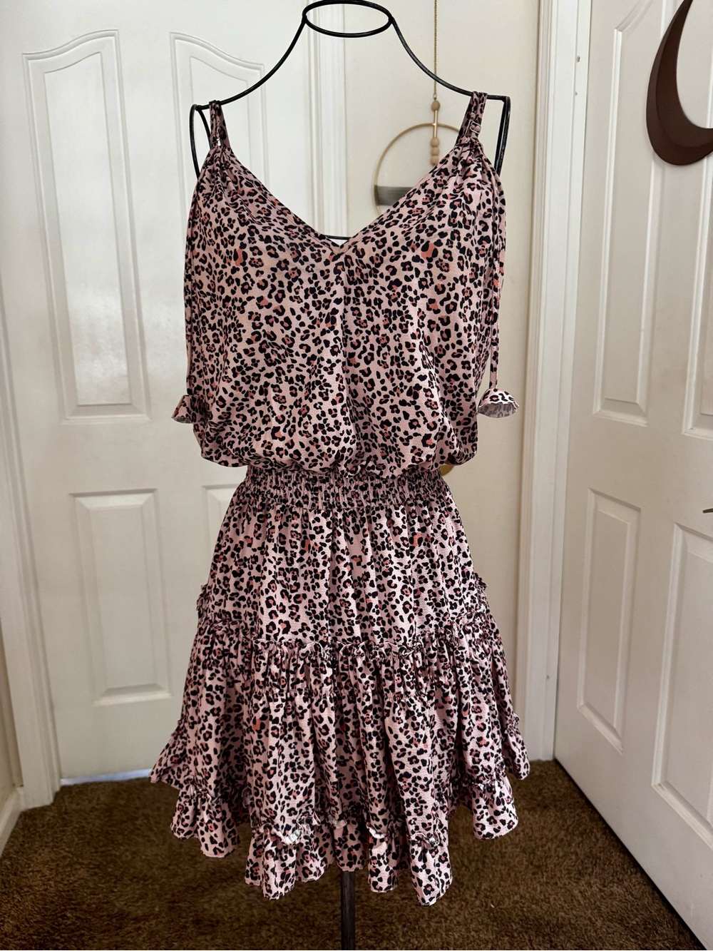 Pink Leopard-Print Tiered Mini Dress with Smocked Waist
